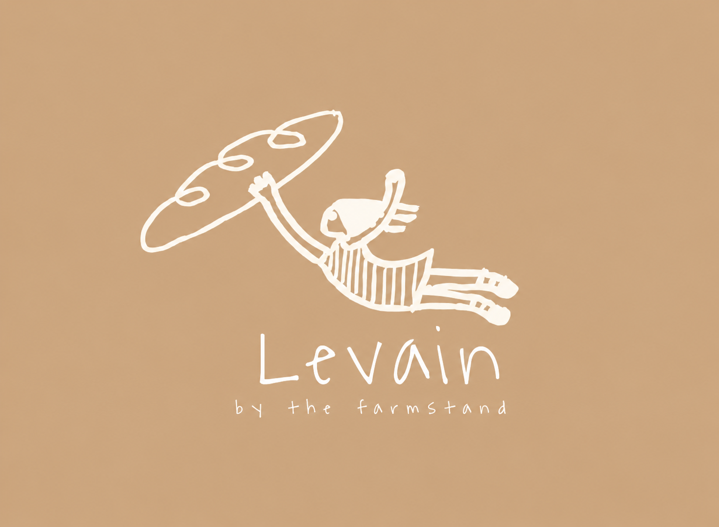 Levain by the farmstand — a hand-drawn baker flying with a baguette